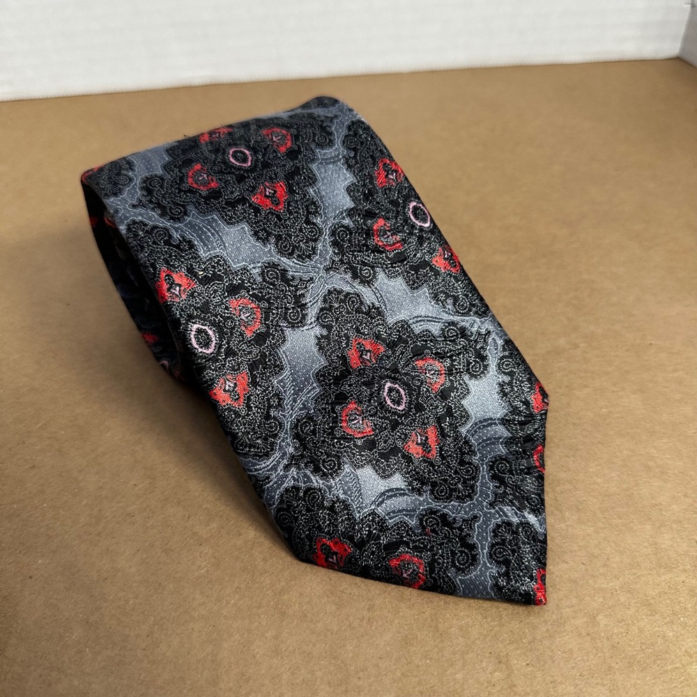 Ermenegildo Zegna Tie Mens XL Grey Red Silk Good Medallion Made in Italy